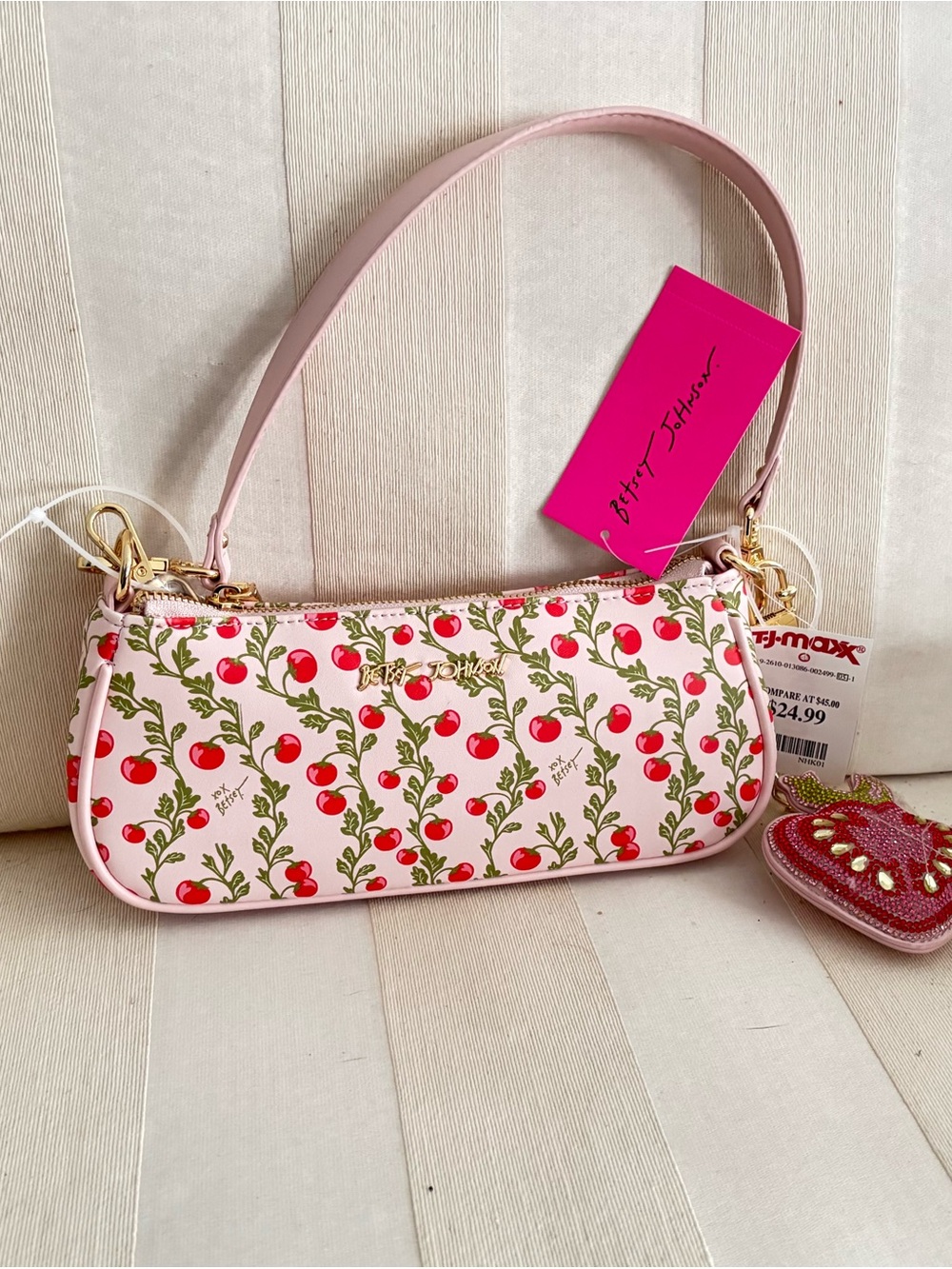 Betsey Johnson Pink Cherry/Tomato Print Mini Wristlet with Strawberry Charm - Picture 2 of 2